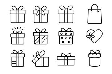 Gift box line icon set. Present, surprise and holiday celebration vector icons. Simple outline collection for birthday, christmas or anniversary. Editable stroke pictogram.
