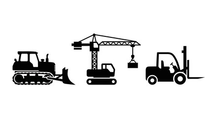 Icon Set Vector of Minimalist Black Construction Vehicle Silhouettes including Bulldozer Crane and Forklift