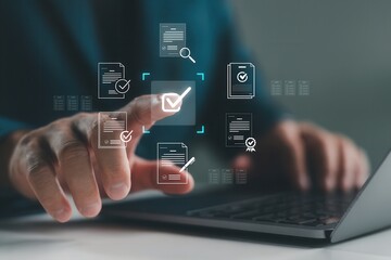 Document verification holographic interface with approval icons, business paperwork security, compliance management, workflow automation, enterprise digital solutions and futuristic innovation technol