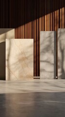Minimalist interior space with marble panels and wooden slats casting shadows on the floor
