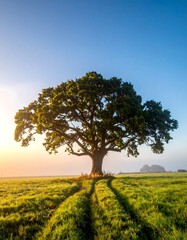 Majestic tree in a field at sunrise