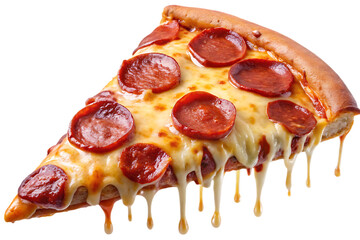 Slice of Pepperoni Pizza with Dripping Cheese and Red Sauce melted isolated on a transparent background