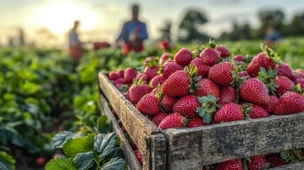 Crate full of freshly picked red strawberries standing at farm 
