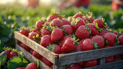 Crate full of freshly picked red strawberries standing at farm 