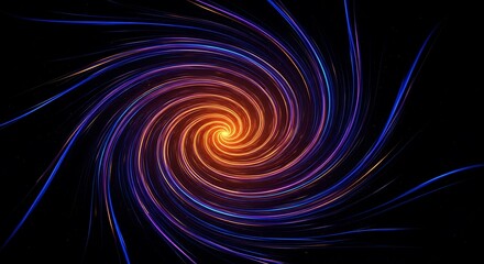 A vibrant, swirling vortex of luminous lines in hues of blue, purple, and orange radiates outward from a central, warm core against a deep black background.