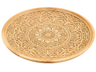 Fototapeta premium Round wooden plate with an intricate carved floral mandala design on a transparent background