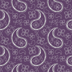 Paisley seamless white pattern on  dark purple background.