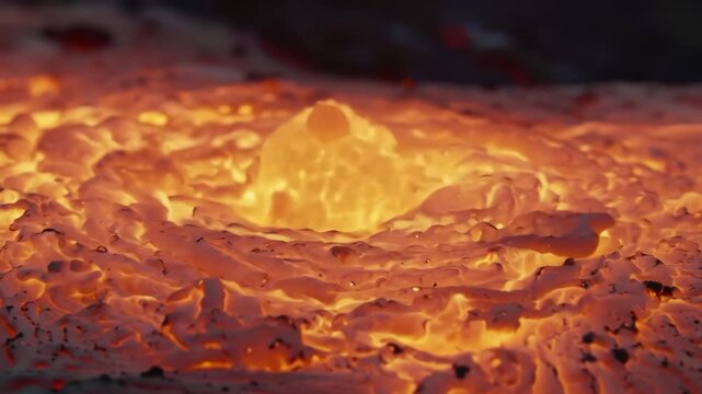 Molten hot lava close-up with bright orange and red texture detail and flowing liquid surface.