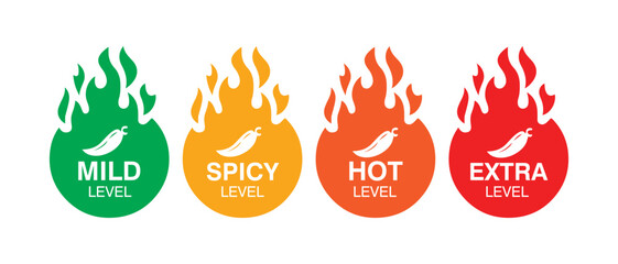 Spicy level chili pepper badge labels for food packaging design or food taste.