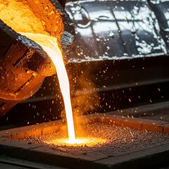 Molten metal is poured into a prepared mold, creating a dramatic industrial scene.