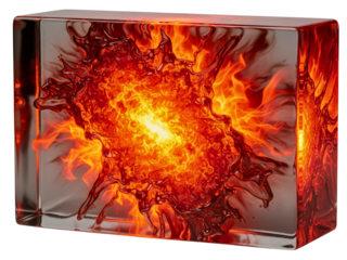 Fiery explosion with a liquid splash frozen inside a glass block on a transparent background