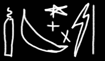 Simple White Line Art of Candle, Crescent Moon, Star, Lightning Bolt and Line | Minimalist Graphic Symbols for Spiritual, Occult, and Magical Concepts