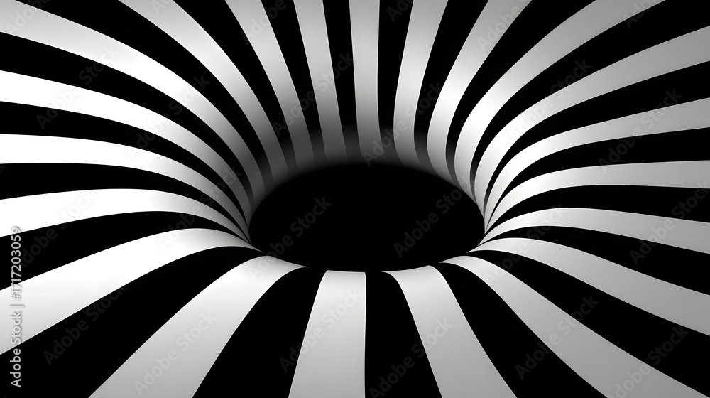 Poster monochrome abstract pattern with a hypnotic spiral tunnel effect, creating an optical illusion of mo