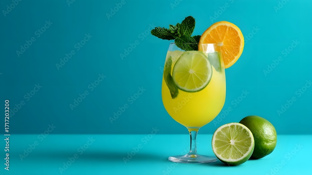Poster a vibrant, transparent glass filled with a refreshing citrus-based cocktail or lemonade, garnished w