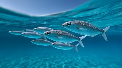 Fototapeta premium A group of small, slender fish gracefully swimming together in the serene, turquoise waters of the open ocean