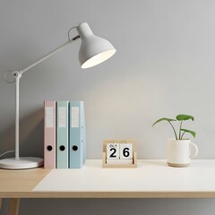 A minimalist, organized workspace with a modern lamp, folders, a calendar, and a plant, creating a calm and productive atmosphere.