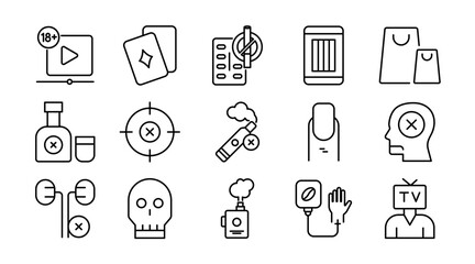 Bad habits and addiction linear icon set. Smoking, alcohol, drug, gambling, cannabis, phone, media, junk food, cocaine, video, tobacco, vector thin line UI icon pack.
