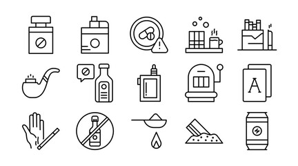 Addiction linear icon set. Alcohol, drug, cannabis, smoking, tobacco, cocaine, gambling, junk food, media, phone, video, vector outline icon pack. UI thin line icon pack