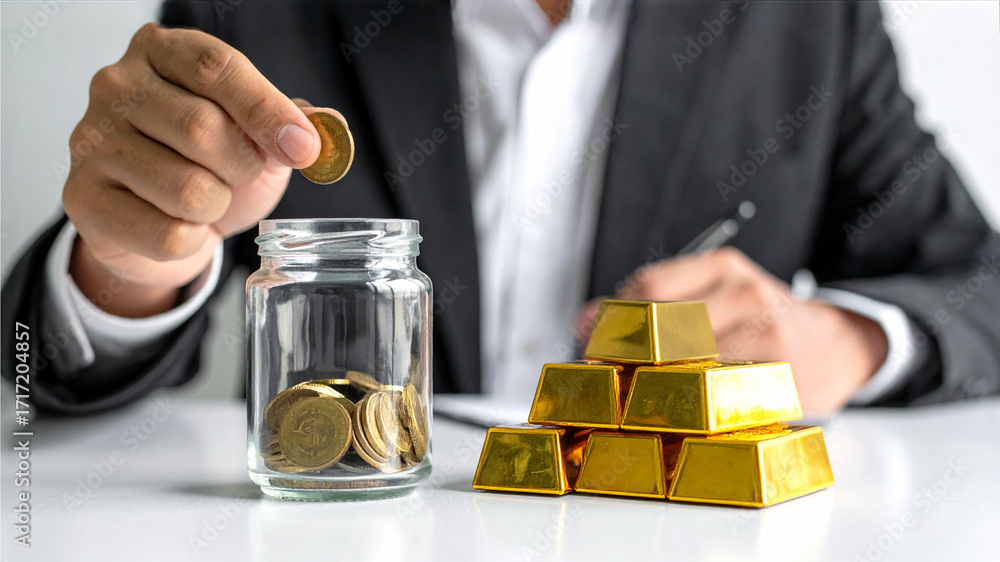Aufkleber a person in a suit adding coins into a jar with gold bars on the side, financial saving concept. thi