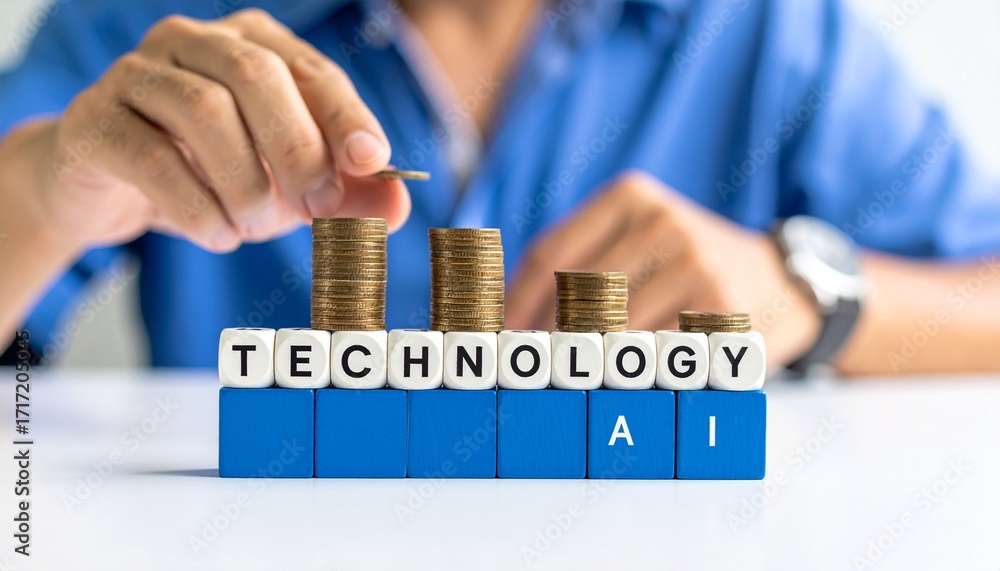 Poster investment in technology and artificial intelligence. a person is seen adding coins to stacks