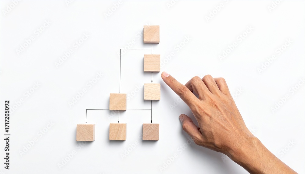 Poster a hand pointing at a wooden block hierarchy. the arrangement symbolizes processes and structures