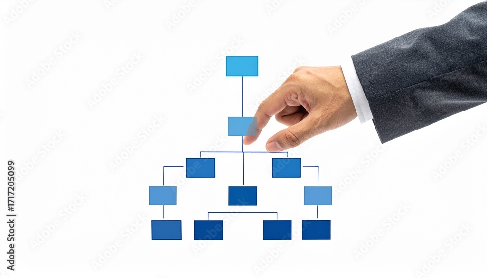 Poster a hand points at an organization chart, illustrating the concept of management and structure