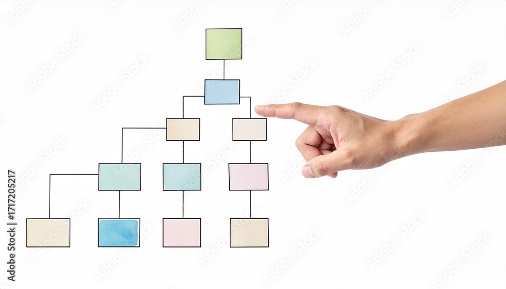 Poster a hand is pointing at a colorful, interconnected diagram, highlighting a key point in a complex proc