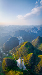 Karst mountains at sunset on Guibei Expressway in Fengshan County, Hechi, Guangxi