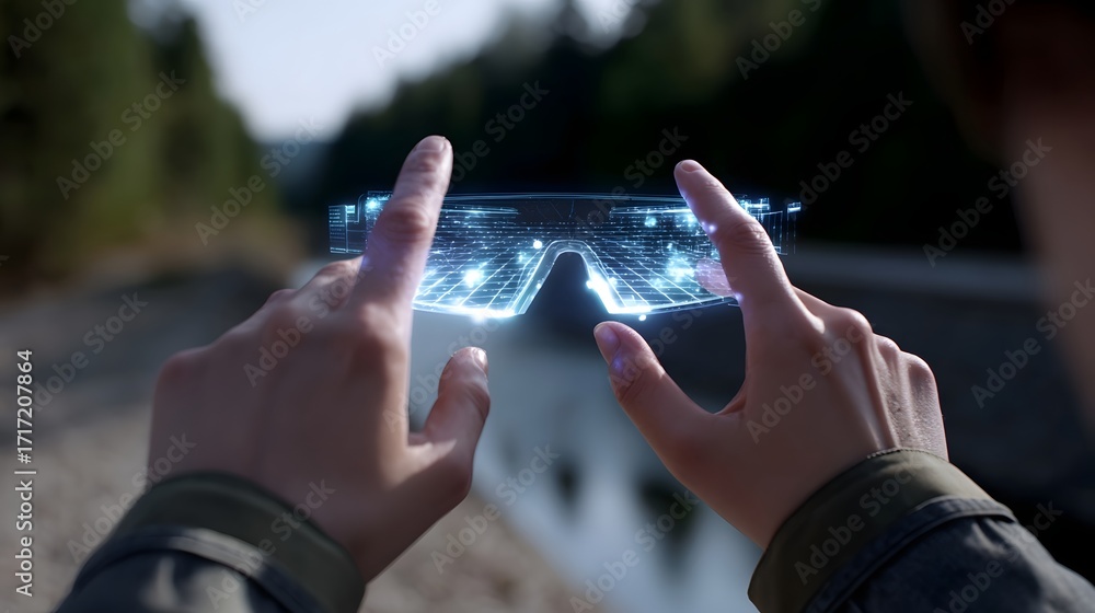 Poster hands interacting with a transparent, holographic-like digital interface in a futuristic, immersive 