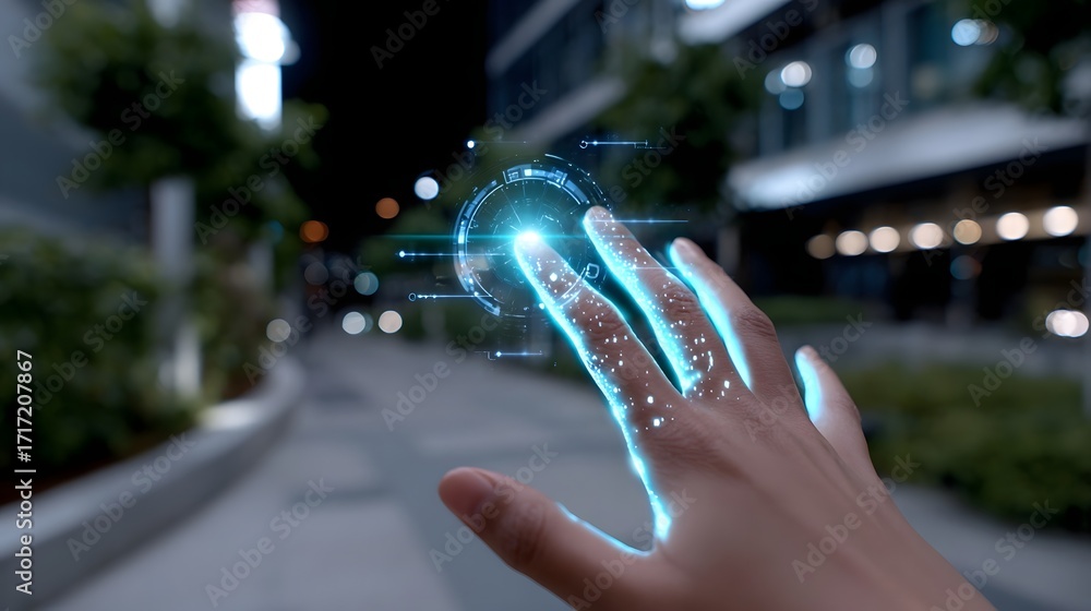 Poster a hand reaching out to interact with a futuristic holographic display in an urban night setting, sho
