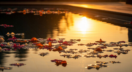 Floating rose petals on serene pool water reflecting golden sunset light, creating peaceful ambiance