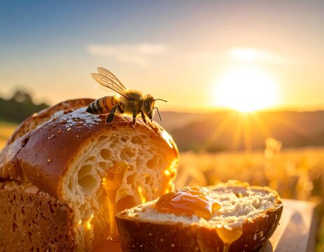 Honeycomb bread with bee at sunset