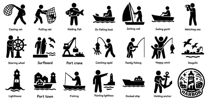 Fishing and Harbor Silhouette Icons／漁業と港まわりのシルエットアイコン集、