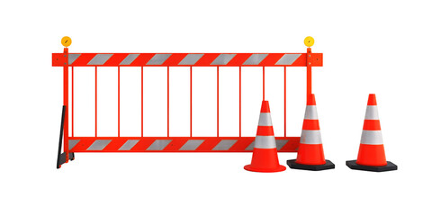 Orange Construction Barrier With Reflective Stripes And Three Traffic Cones On A Transparent Background