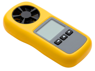 Yellow handheld digital anemometer for measuring wind speed on a transparent background