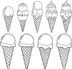 Ice Cream Cone Collection, Black and White Cartoon Illustration with Toppings and Scoop Variations
