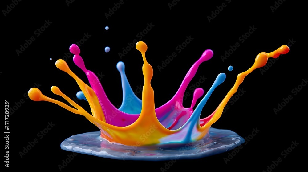 Poster captivating image showcasing a dynamic and colorful splash of liquid droplets in midair, creating a 