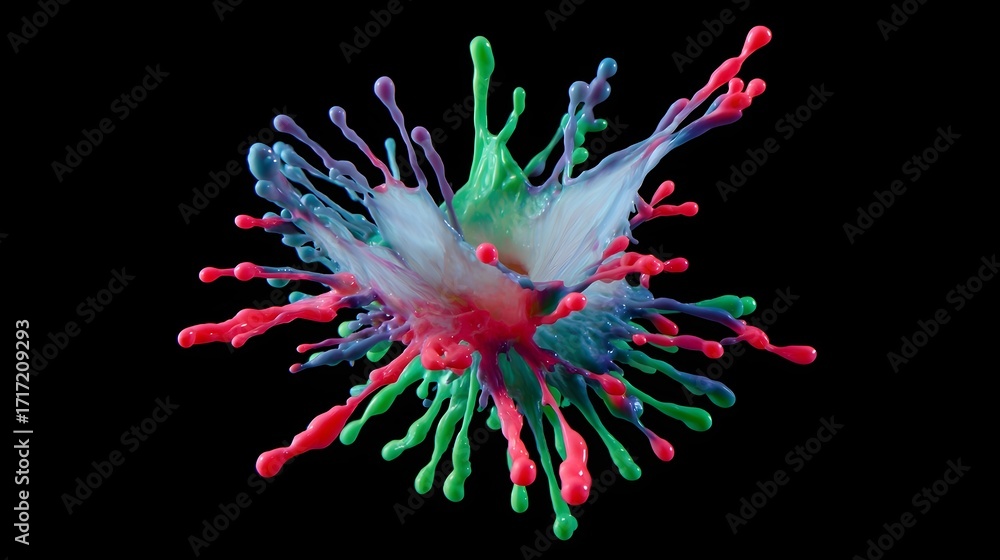 Poster a dynamic and visually striking abstract composition featuring a vibrant, multicolored liquid explos