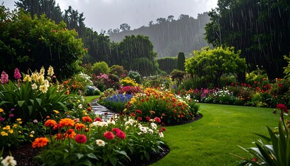 Fototapeta premium Lush garden in rain