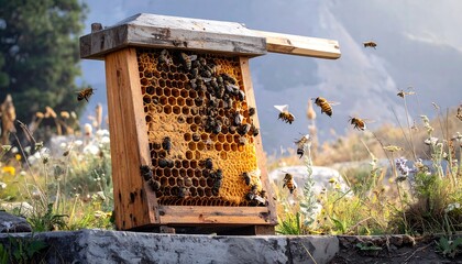 Honeycomb frame with bees in a mountainous meadow