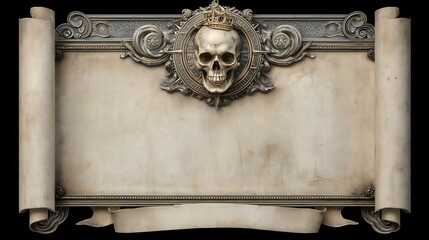 Gothic Skull Medallion with Antique Scroll and Copy Space