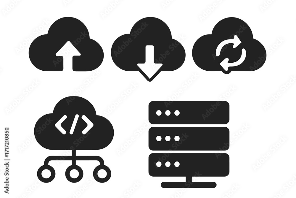 Fototapete cloud computing icon set. upload, download, and sync data symbols. server, hosting, and api connecti