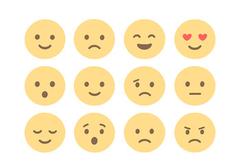 Emoji faces collection with diverse emotions. Minimalist vector cartoon emoticons set. Character icons showing feelings like happy, sad, angry, love. Feedback and rating symbols.