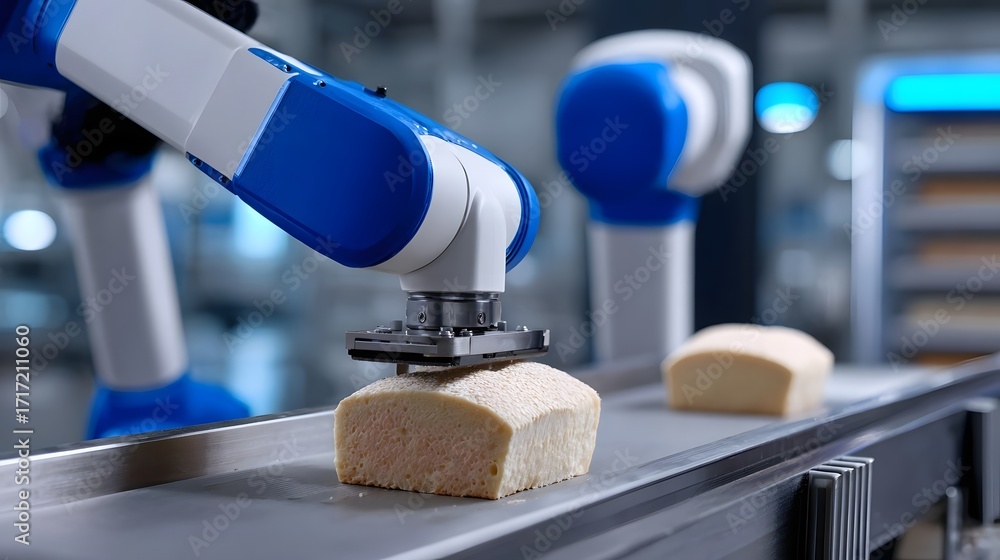 Poster a robotic arm with blue and white components precisely placing an object on a conveyor belt in an ad