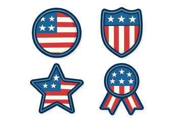 American flag patriotic badge set. USA national emblem collection. Flat vector cartoon illustration of star, shield, and ribbon shapes for 4th of July or Memorial Day.