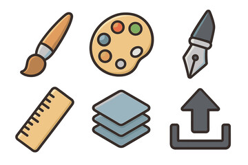 Set of essential design tool icons. Paintbrush, artist palette, pen tool, ruler, layers, and upload symbol. Vector cartoon illustration for graphic and web design UI/UX.