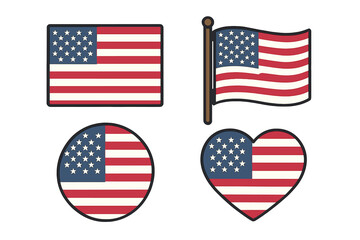 American flag icon set. USA national symbol vector collection. Flat cartoon illustration of waving, heart, and circle shapes. Patriotic graphic element for 4th of July.