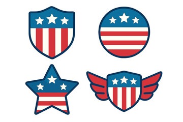American shield icon set. USA flag patriotic emblem collection. Vector graphic of national symbols with stars and stripes. 4th of July, military, or security badge designs.