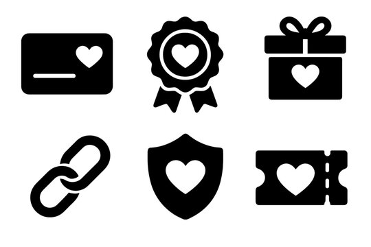 Loyalty program icon set. Customer rewards and bonus points symbols. Vector glyph icons of card, badge, gift, link, shield, and ticket for membership and VIP concepts.