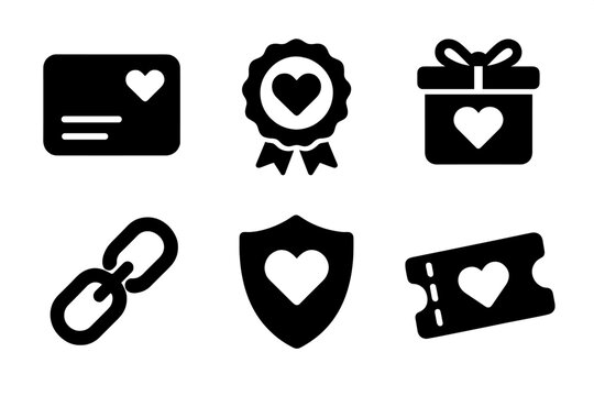 Loyalty program & customer rewards vector icon set. Simple glyphs for membership benefits, bonus gift card, vip client appreciation, quality badge and security guarantee.